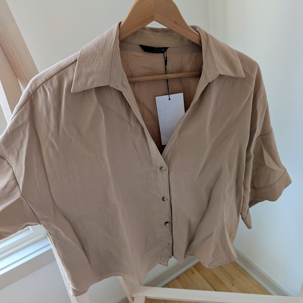 NWT Zara Collared Button-Front Boxy Collared Shirt In Tan - S - Picture 6 of 8